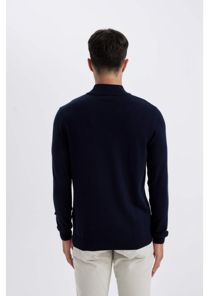 Lacivert Slim Fit Dar Kesim Yarım Balıkçı Yaka Basic Düz Triko Kazak R1127AZ24WN