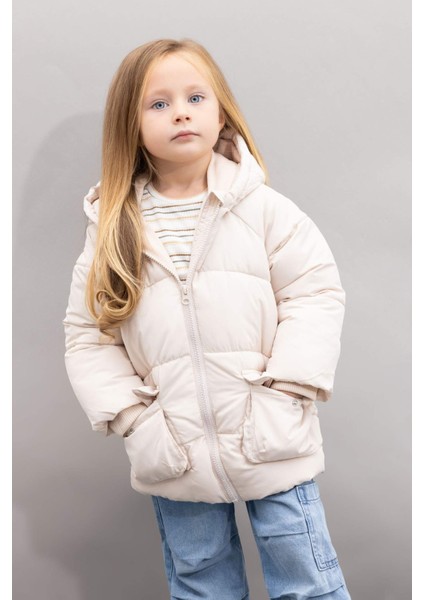 Kız Bebek Su Geçirmez Kapüşonlu Polar Astarlı Fermuarlı Cepli Şişme Mont