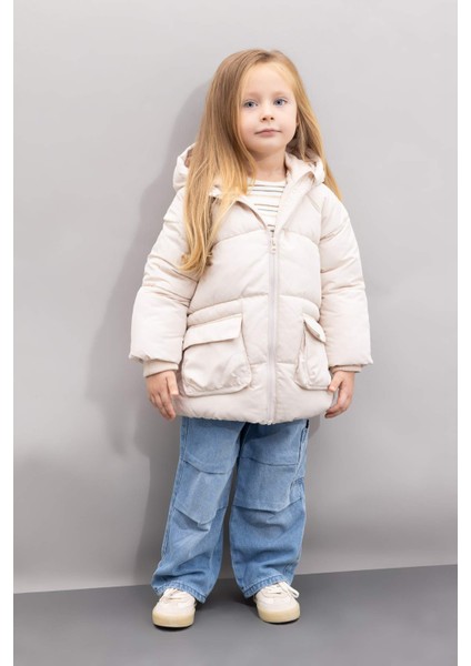 Kız Bebek Su Geçirmez Kapüşonlu Polar Astarlı Fermuarlı Cepli Şişme Mont