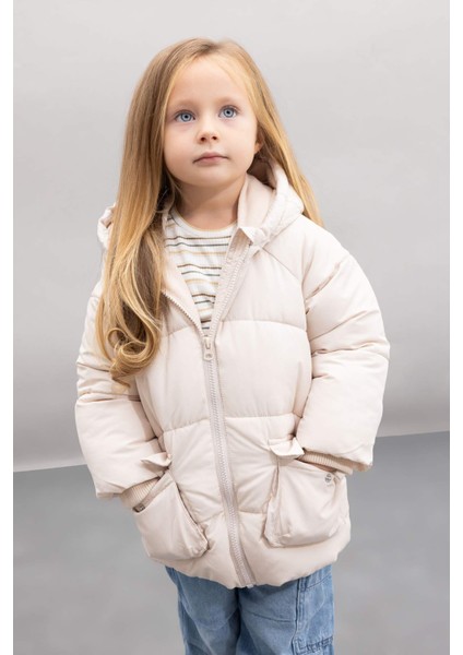Kız Bebek Su Geçirmez Kapüşonlu Polar Astarlı Fermuarlı Cepli Şişme Mont