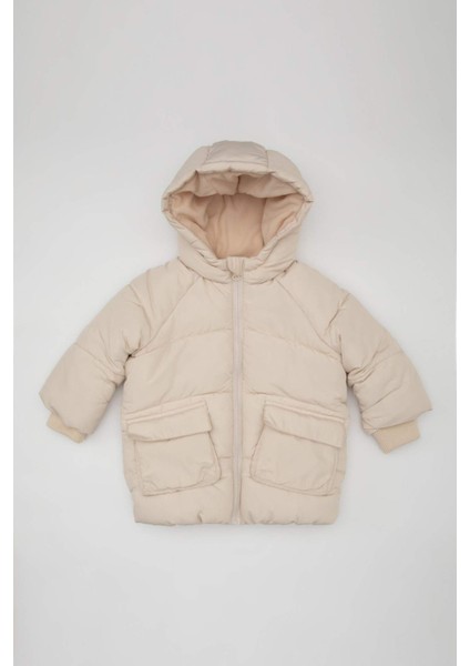 Kız Bebek Su Geçirmez Kapüşonlu Polar Astarlı Fermuarlı Cepli Şişme Mont