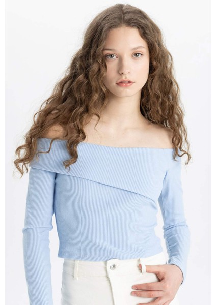 Fitted Omuzu Açık Fitilli Kaşkorse Uzun Kollu Tişört C5435AX24SM