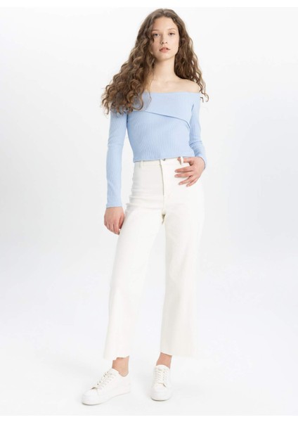 Fitted Omuzu Açık Fitilli Kaşkorse Uzun Kollu Tişört C5435AX24SM