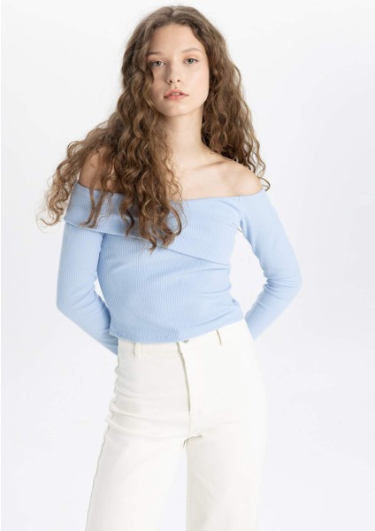 Fitted Omuzu Açık Fitilli Kaşkorse Uzun Kollu Tişört C5435AX24SM