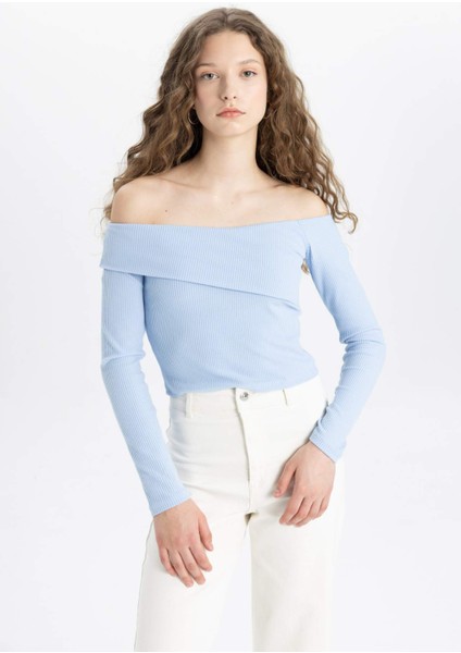 Fitted Omuzu Açık Fitilli Kaşkorse Uzun Kollu Tişört C5435AX24SM