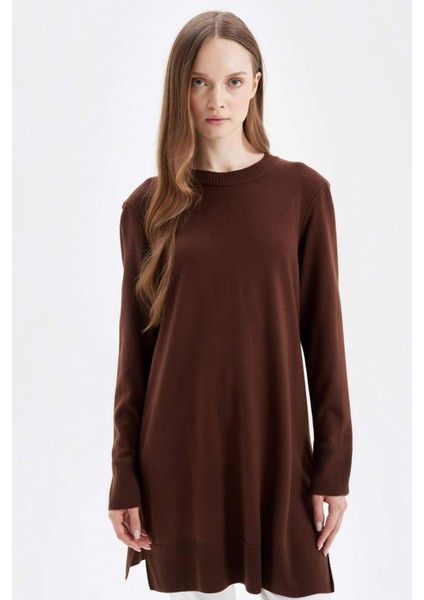 Regular Fit Bisiklet Yaka Yırtmaçlı Basic Düz Triko Kazak Tunik H3431AZ24AU