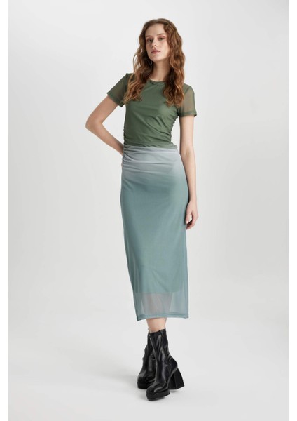 Bodycon Bisiklet Yaka Degrade Kısa Kollu Midi Tül Elbise