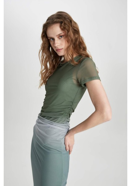 Bodycon Bisiklet Yaka Degrade Kısa Kollu Midi Tül Elbise