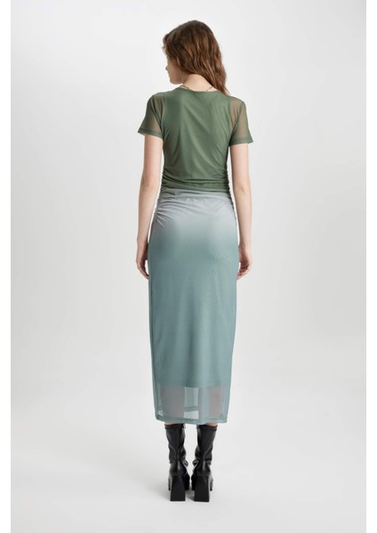 Bodycon Bisiklet Yaka Degrade Kısa Kollu Midi Tül Elbise