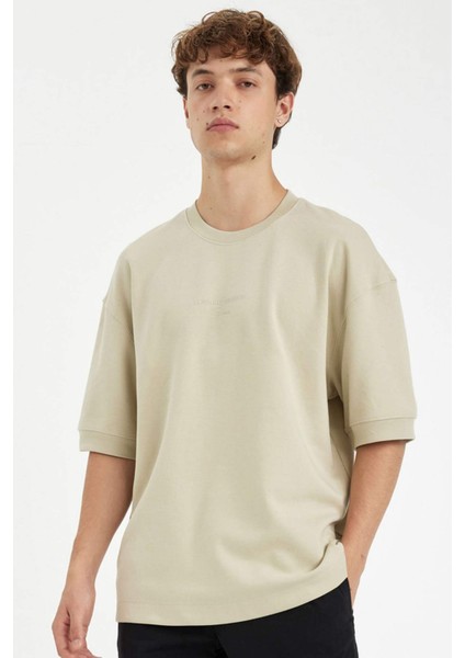 Loose Fit Bisiklet Yaka Baskılı Ağır Kumaş Pamuklu Kısa Kollu Tişört C6196AX24AU