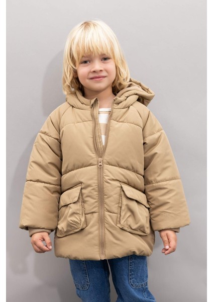 Erkek Bebek Su Geçirmez Ribana Kollu Kapüşonlu Polar Astar Fermuarlı Cepli Şişme Mont A2212A524WN