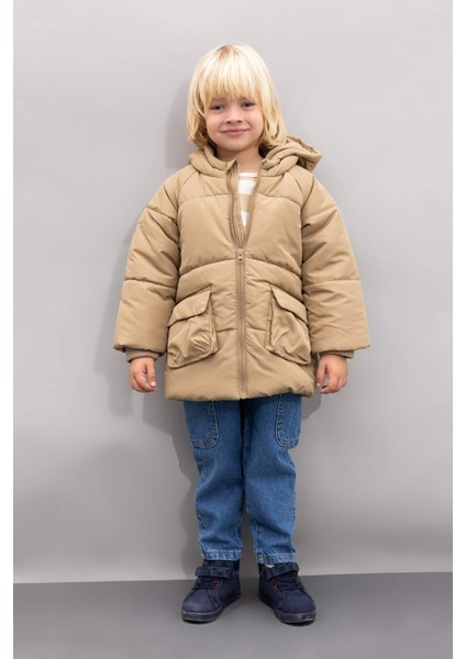 Erkek Bebek Su Geçirmez Ribana Kollu Kapüşonlu Polar Astar Fermuarlı Cepli Şişme Mont A2212A524WN