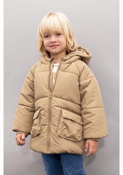 Erkek Bebek Su Geçirmez Ribana Kollu Kapüşonlu Polar Astar Fermuarlı Cepli Şişme Mont A2212A524WN