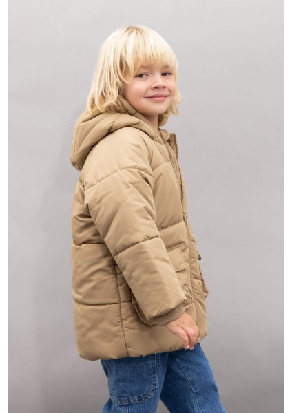 Erkek Bebek Su Geçirmez Ribana Kollu Kapüşonlu Polar Astar Fermuarlı Cepli Şişme Mont A2212A524WN