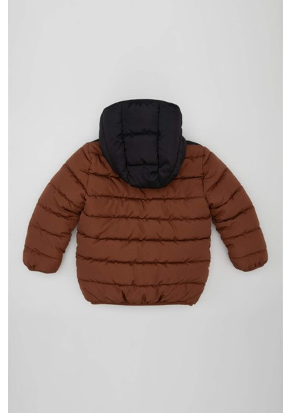 Erkek Bebek Su Geçirmez Polar Astarlı Blok Renk Desenli Kapüşonlu Fermuarlı Şişme Mont A2215A524AU