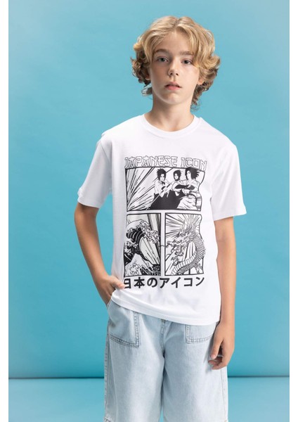 Erkek Çocuk Bisiklet Yaka Renk Şekil Değiştiren Baskılı Kısa Kollu Tişört C6260A824HS