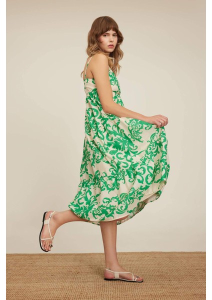 V Yaka Desenli Vual Askılı Maxi Elbise C4871AX24HS