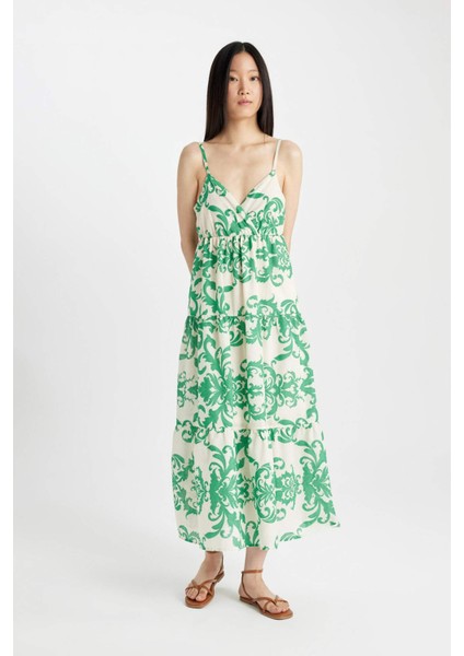 V Yaka Desenli Vual Askılı Maxi Elbise C4871AX24HS