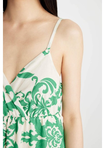 V Yaka Desenli Vual Askılı Maxi Elbise C4871AX24HS