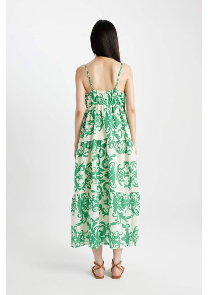 V Yaka Desenli Vual Askılı Maxi Elbise C4871AX24HS