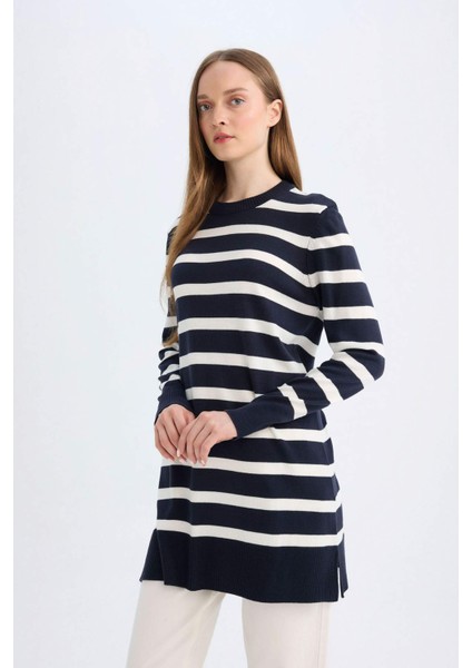 Regular Fit Bisiklet Yaka Çizgili Uzun Kollu Triko Kazak Tunik C6030AX24AU