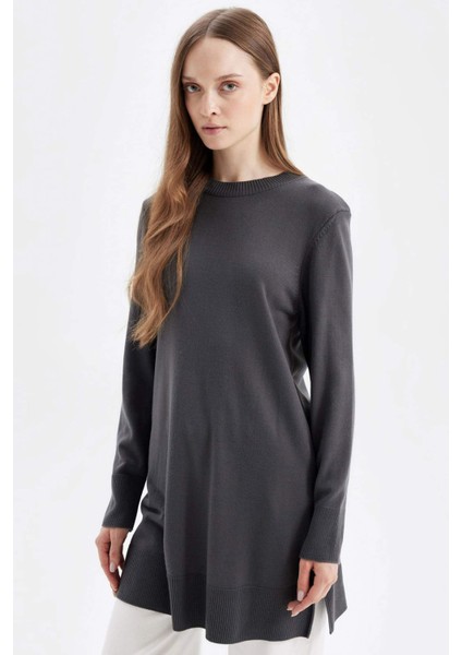 Regular Fit Bisiklet Yaka Yırtmaçlı Basic Düz Triko Kazak Tunik H3431AZ24AU