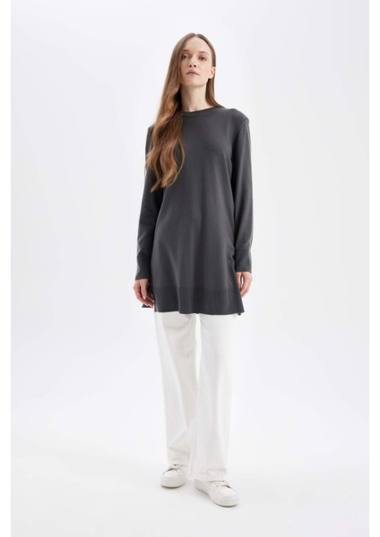 Regular Fit Bisiklet Yaka Yırtmaçlı Basic Düz Triko Kazak Tunik H3431AZ24AU