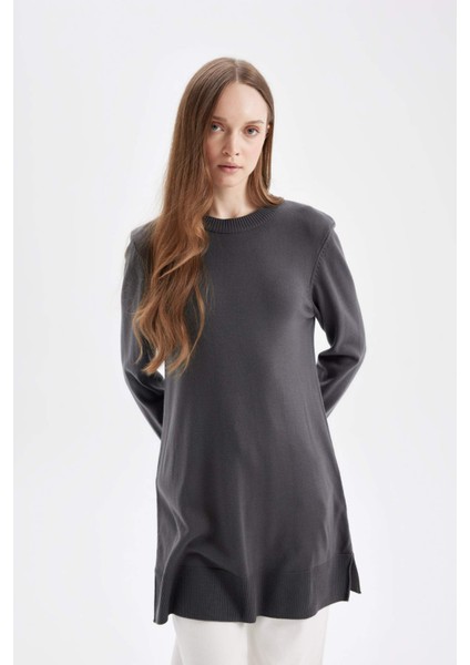 Regular Fit Bisiklet Yaka Yırtmaçlı Basic Düz Triko Kazak Tunik H3431AZ24AU
