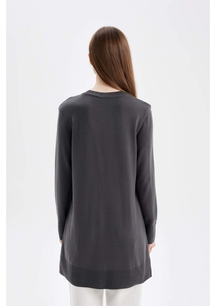Regular Fit Bisiklet Yaka Yırtmaçlı Basic Düz Triko Kazak Tunik H3431AZ24AU