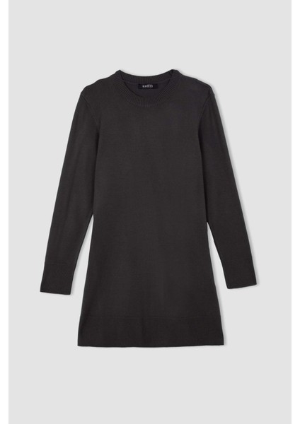 Regular Fit Bisiklet Yaka Yırtmaçlı Basic Düz Triko Kazak Tunik H3431AZ24AU