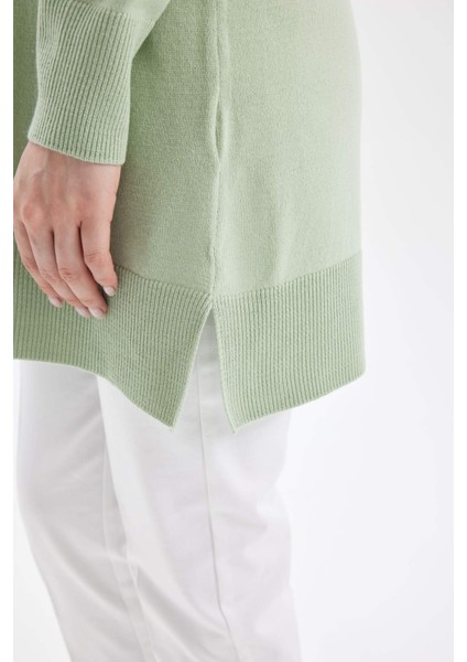 Regular Fit Bisiklet Yaka Yırtmaçlı Basic Düz Triko Kazak Tunik H3431AZ24AU