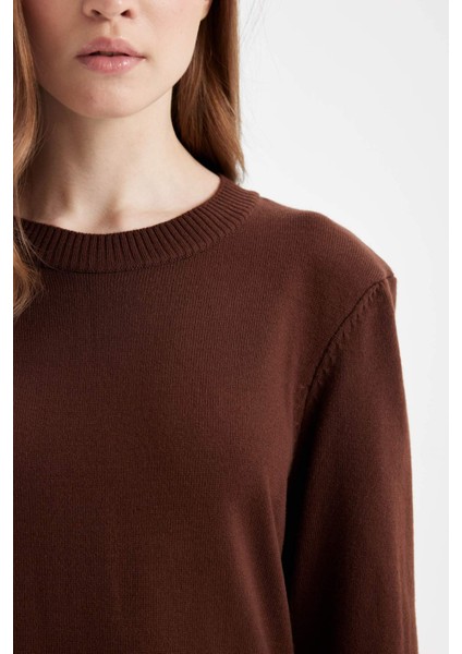 Regular Fit Bisiklet Yaka Yırtmaçlı Basic Düz Triko Kazak Tunik H3431AZ24AU