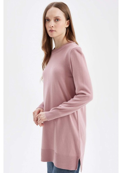 Regular Fit Bisiklet Yaka Yırtmaçlı Basic Düz Triko Kazak Tunik H3431AZ24AU