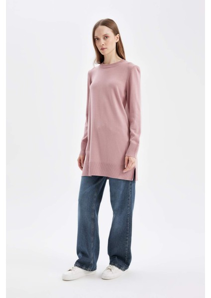 Regular Fit Bisiklet Yaka Yırtmaçlı Basic Düz Triko Kazak Tunik H3431AZ24AU