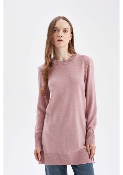 Regular Fit Bisiklet Yaka Yırtmaçlı Basic Düz Triko Kazak Tunik H3431AZ24AU