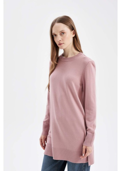 Regular Fit Bisiklet Yaka Yırtmaçlı Basic Düz Triko Kazak Tunik H3431AZ24AU