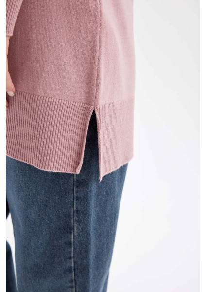 Regular Fit Bisiklet Yaka Yırtmaçlı Basic Düz Triko Kazak Tunik H3431AZ24AU