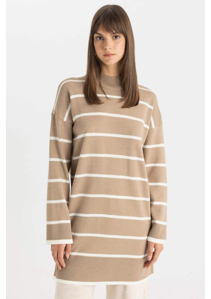 Regular Fit Çizgili Yarım Balıkçı Yaka Triko Kazak Tunik C6029AX24AU