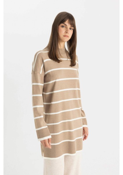 Regular Fit Çizgili Yarım Balıkçı Yaka Triko Kazak Tunik C6029AX24AU