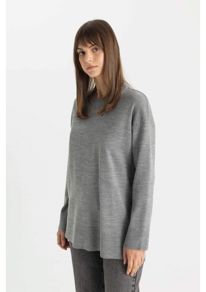 Regular Fit Bisiklet Yaka Yırtmaçlı Basic Düz Triko Kazak Tunik C5165AX24AU