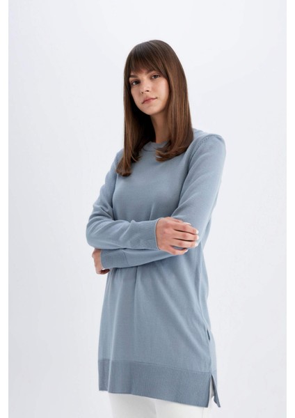 Regular Fit Bisiklet Yaka Yırtmaçlı Basic Düz Triko Kazak Tunik H3431AZ24AU