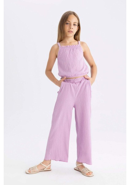 Kız Çocuk Wide Leg Geniş Bol Paça Beli Lastikli Bürümcük Pantolon C5372A824SM