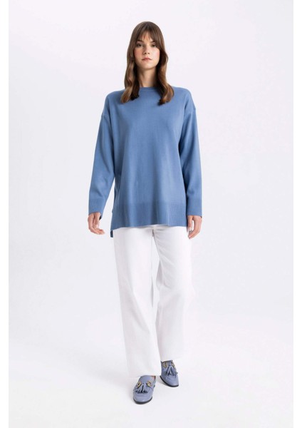Regular Fit Bisiklet Yaka Yandan Yırtmaçlı Basic Düz Triko Kazak Tunik C5165AX24AU
