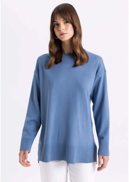 Regular Fit Bisiklet Yaka Yandan Yırtmaçlı Basic Düz Triko Kazak Tunik C5165AX24AU