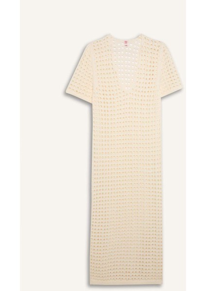 V Yaka Kısa Kollu Triko Örgü Plaj Elbisesi-Fall in Love C6138AX24SM