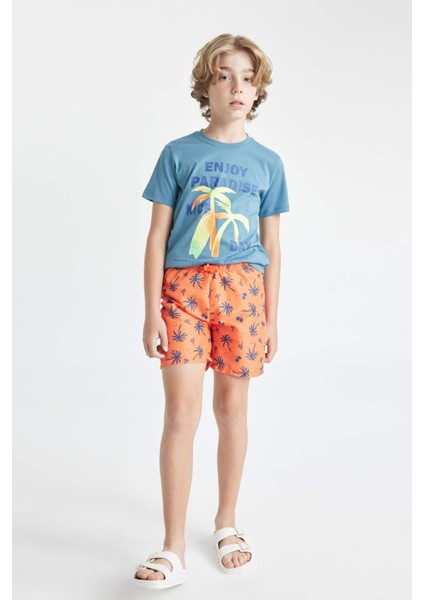 Erkek Çocuk 2'li Takım Palmiye Baskılı Kısa Kollu Tişört Deniz Şortu C6300A824HS