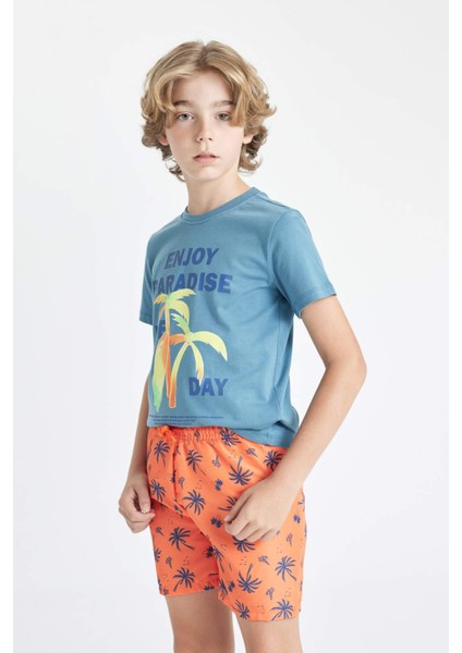 Erkek Çocuk 2'li Takım Palmiye Baskılı Kısa Kollu Tişört Deniz Şortu C6300A824HS