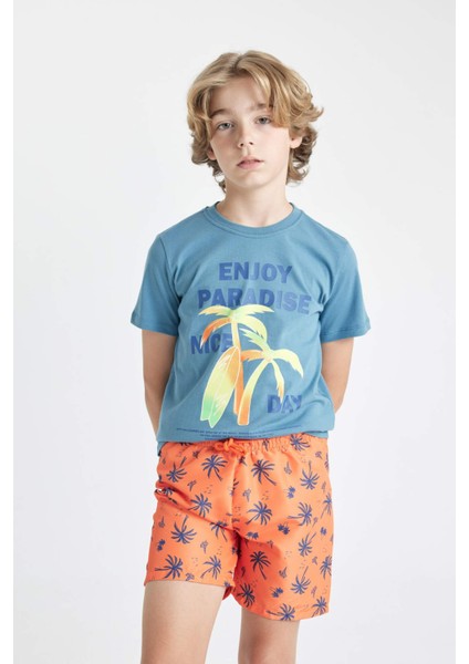 Erkek Çocuk 2'li Takım Palmiye Baskılı Kısa Kollu Tişört Deniz Şortu C6300A824HS