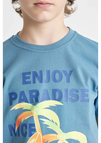 Erkek Çocuk 2'li Takım Palmiye Baskılı Kısa Kollu Tişört Deniz Şortu C6300A824HS