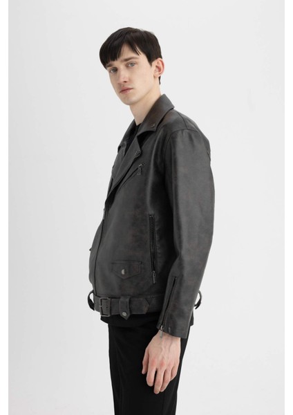 Slim Fit Polo Yaka Suni Deri Ceket Mont C5748AX24AU